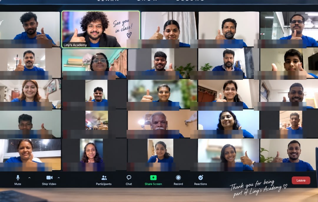 Liny's Academy tutor and students smiling in a live online class